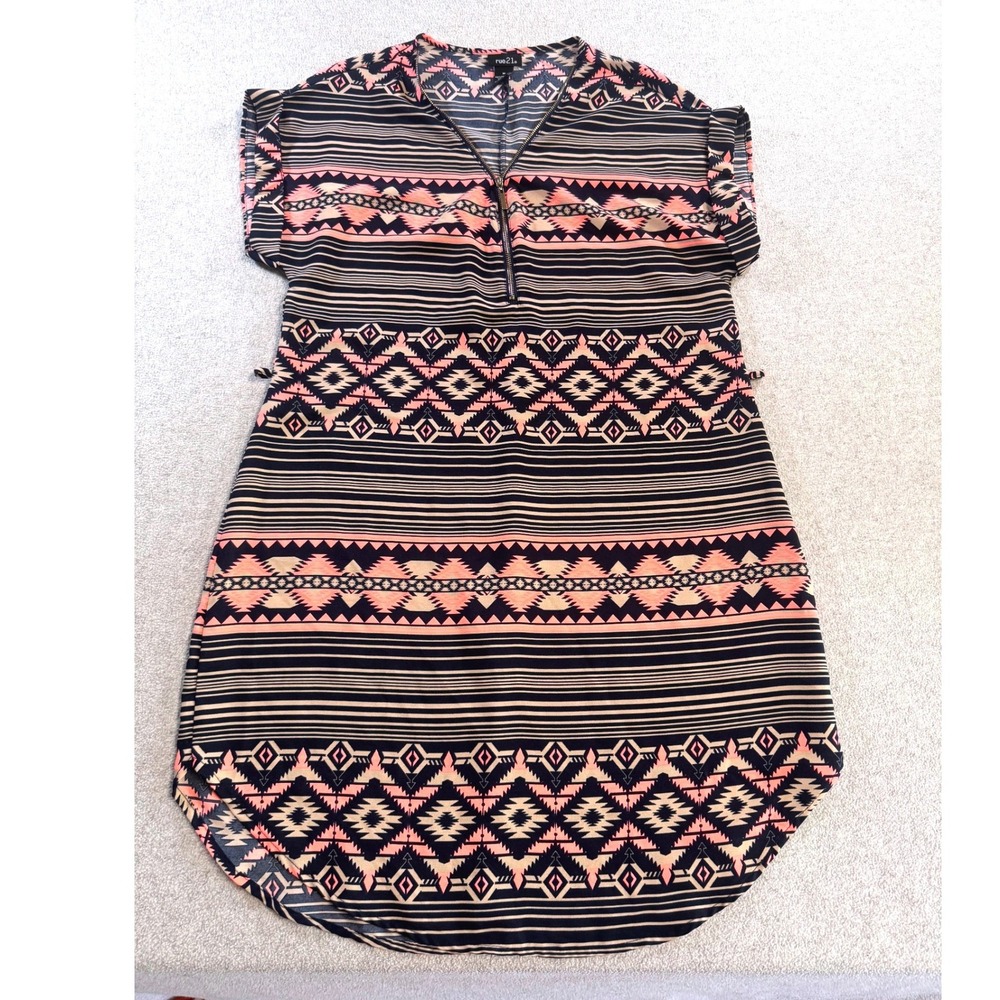 rue21 Tunic Dress Women M‎ Navy Blue Coral Tribal Geometric Zip Front Excellent